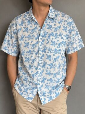 Spicy Tuna XXL Blue Floral Hawaiian Shirt 100% Cotton Short Sleeve